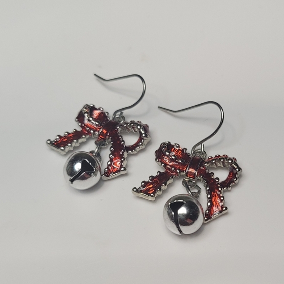 Enameled Red Bow & Jingle Bell Earrings - Picture 4 of 6